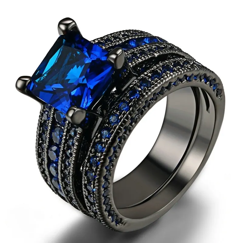 FDLK Black Gold Rhinestone Princess Cut Black or Blue CZ Wedding Engagement Band Bridal Rings Set Size 5 12