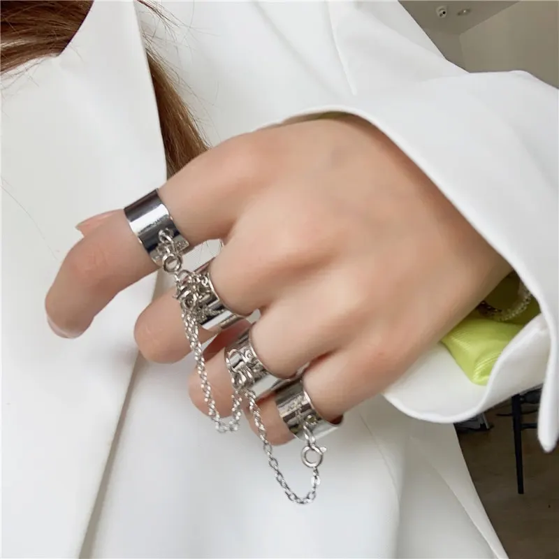 Punk Cool Hip Pop Rings Multi layer Adjustable Chain Four Open Finger Rings Alloy man Rotate Rings for Women Party Gift