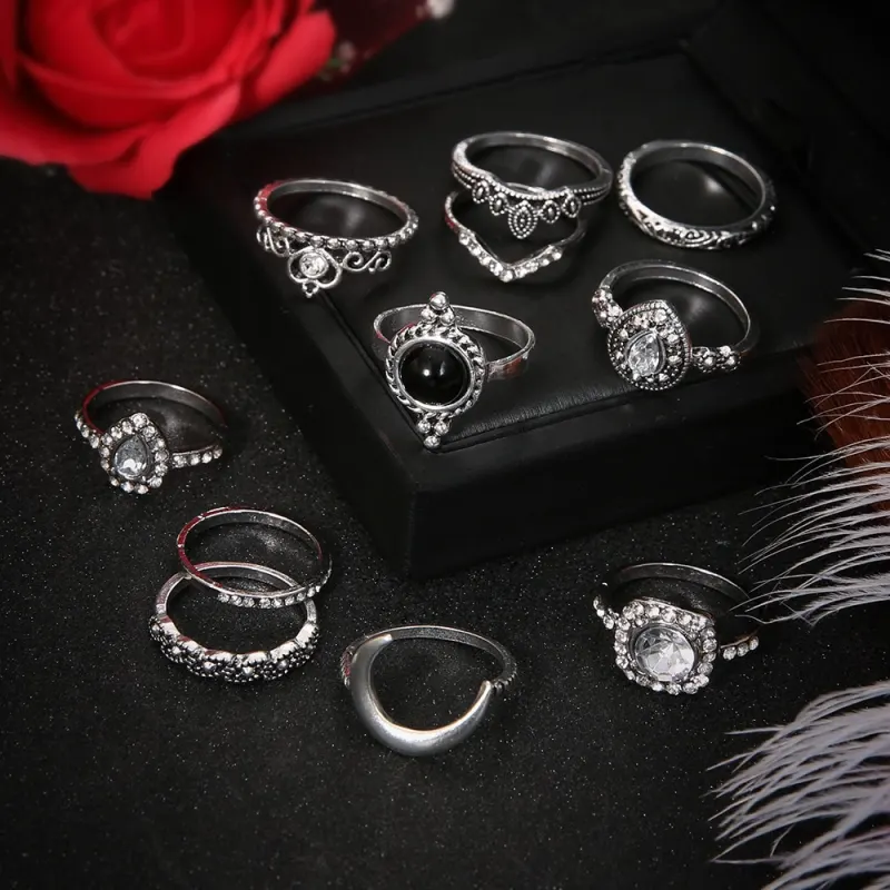 Vintage Women crystal Finger Knuckle Rings Set For Girls Moon lotus Charm Bohemian Ring Fashion Jewelry Gift
