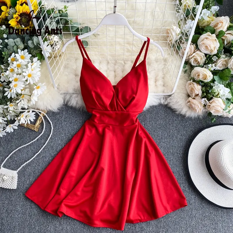 Women A line Sexy Dress V Neck Spaghetti Strap Backless Mini Dresses Soild Color Vestidos Slim Trend 2020 High Waist For Party