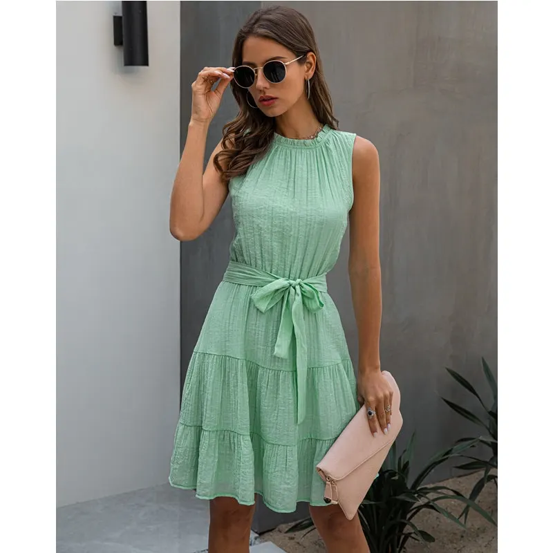 2021 Summer Sweet Pleated Dress A-Line Women Sashes Dress Sleeveless Pure Color Mini Sundress Female Beach Dress Vestido Verano