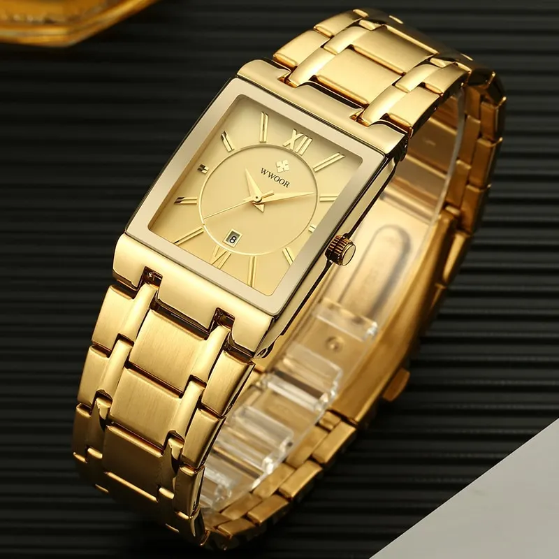 Relogio Masculino WWOOR Gold Watch Men Square Mens Watches Top Brand Luxury Golden Quartz Stainless Steel Waterproof Wrist Watch