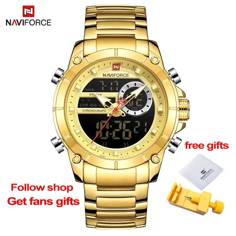 NAVIFORCE Men Military Sport Wrist Watch Gold Quartz Steel Waterproof Dual Display Male Clock Watches Relogio Masculino 9163