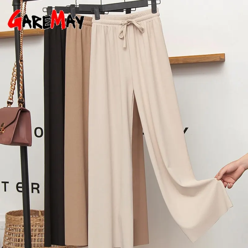 Slacks Women's Loose Summer Pants Soft Ice Silk Ankle Length Black Wide Leg Pants Grey Khaki Women High Waisted Trousers