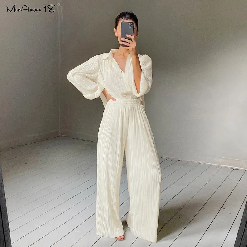 Mnealways18 Beige Pleated Wide Leg Pants Womens Pants Fashion 2021 Casual Loose Trousers Office Lady Elegant Long Palazzo Pants