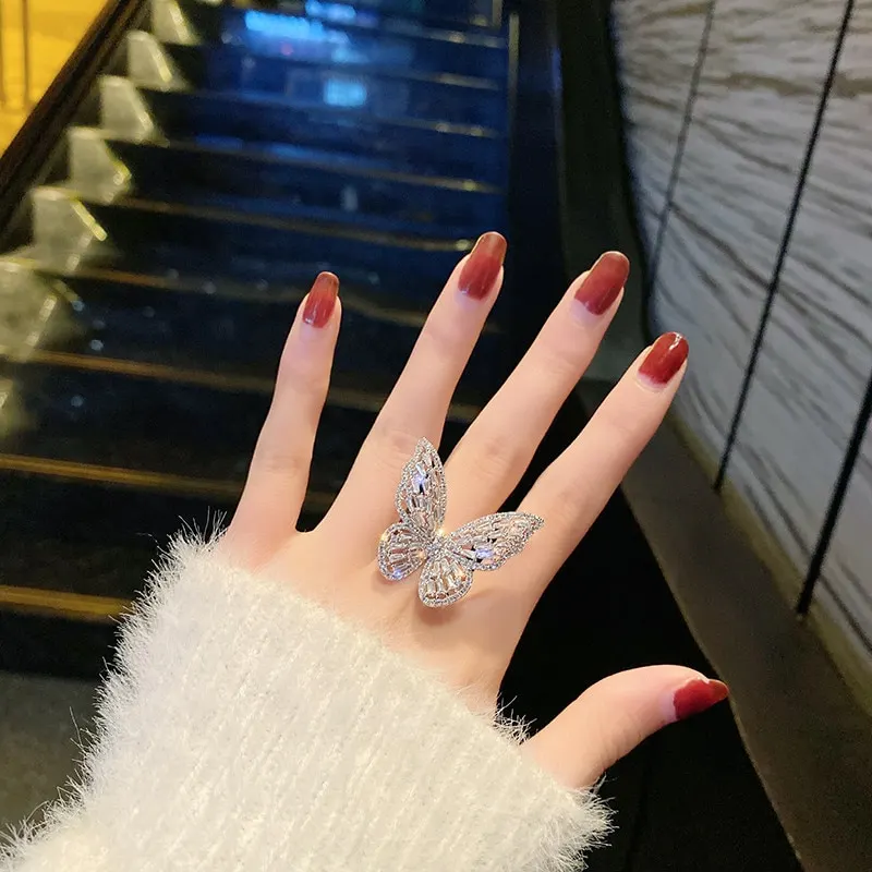 New design fashion jewelry opening high grade copper inlaid zircon butterfly ring luxury shiny cocktail party ring for women