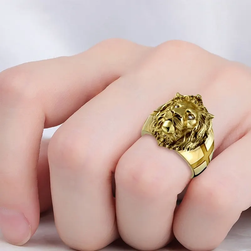 Golden Lion Head Ring Stainless Steel Cool Boy Band Party Lion Ring Domineering Men's Ring Golden Lion Head Ring Unisex Jewelry