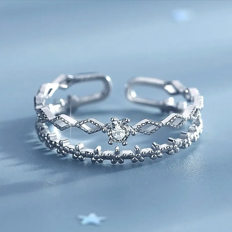 Bohemian Vintage Silver Color Zircon Layer Chain Rings for Women Wedding Jewelry Adjustable Rings Anillos 2021