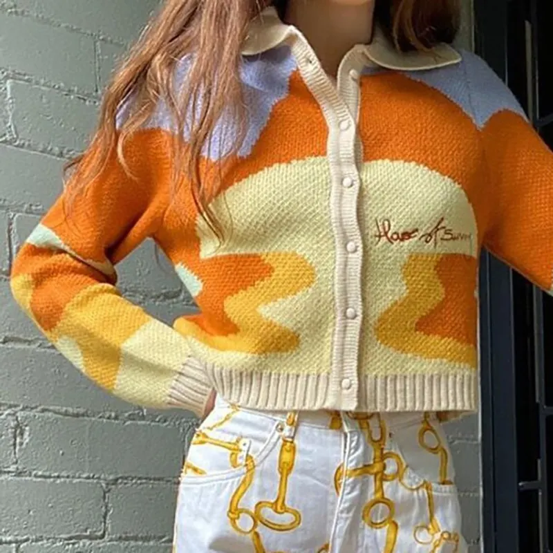 Women Autumn Vintage French Style Sunshine Print Short Knitted Sweater Chic Lady Fashion Single Breasted Loose Cardigans Femme