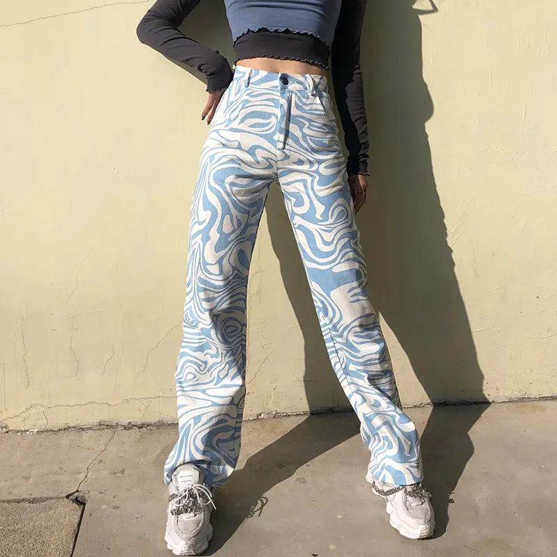 HEYounGIRL Zebra Print Casual High Waist Pants Women Fashion Skinny Long Trousers Ladies Blue Straight Sweatpants Streetwear