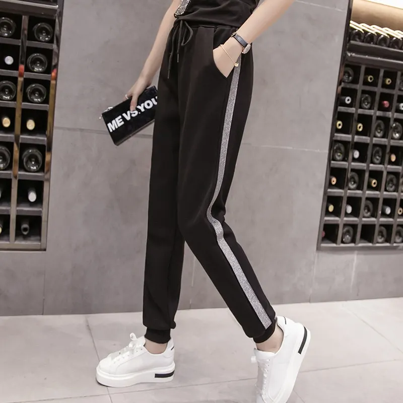 Motion pants women new spring autumn 2021 Korean Splicing loose Harem pants Drawstring Elastic Waist casual Ladies trousers