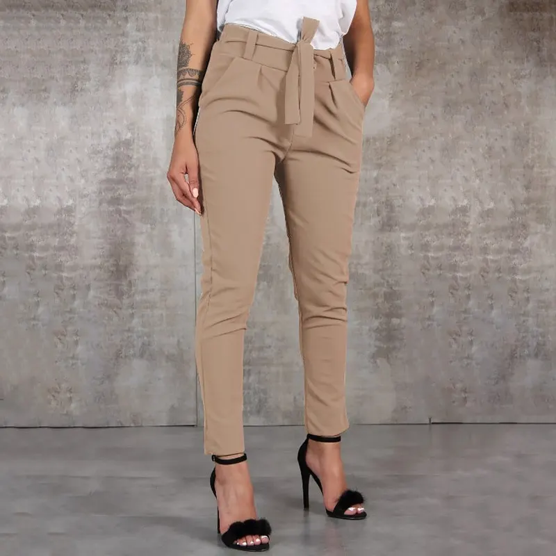 New High Waist Solid Pants Women Summer Casual Lace Up Harem Pants Female Loose Pockets Classic OL Trousers Plus Size S 2XL