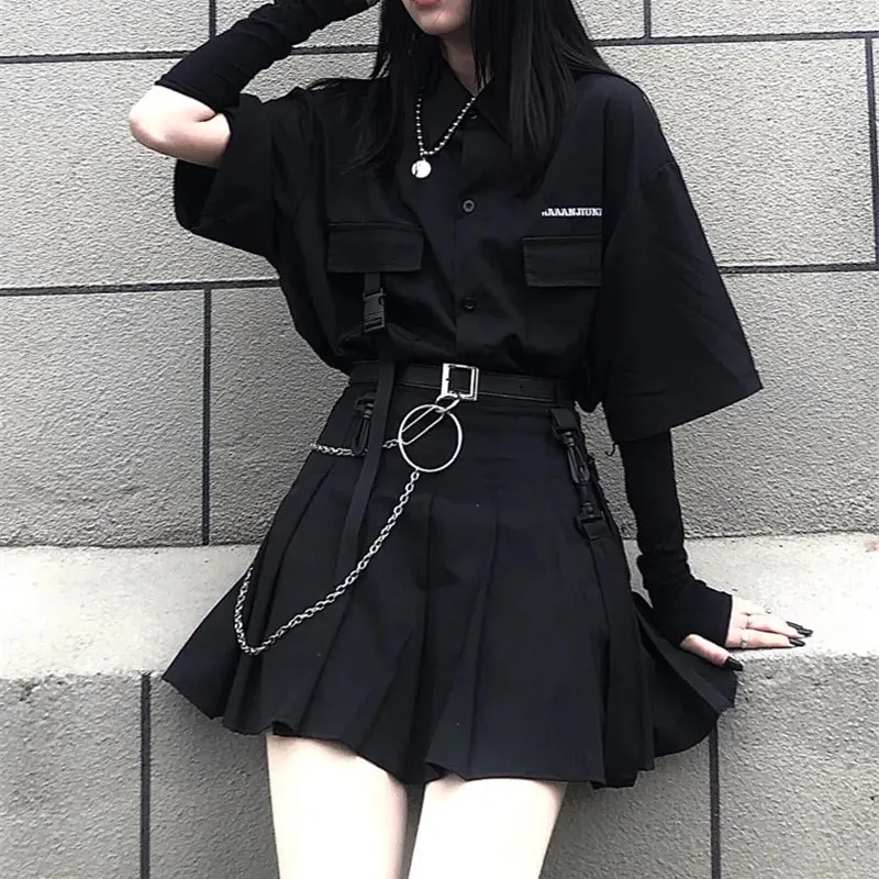 Single set summer Korean versatile dark loose BF shirt top women fashion two piece set skirt jupe dropshipping
