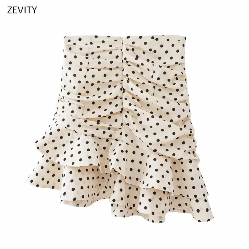 Women fashion polka dot print pleated asymmetrical skirt faldas mujer ladies back zipper vestidos chic ruffles skirts QUN379
