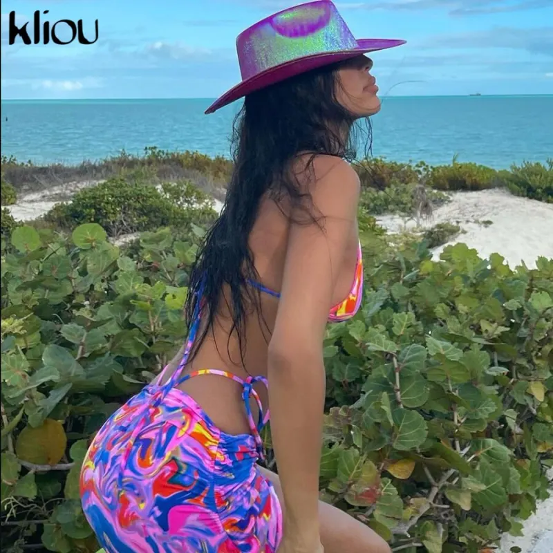 Kliou Bandage Halter Print 2021 Two Piece Sets Women Backless Sexy Hot Tops Drawstring Stacked Skirts Summer Vacation Outfits
