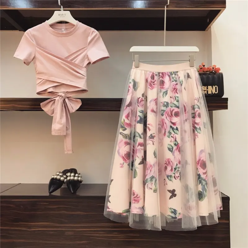 HIGH QUALITY Women Irregular T Shirt Mesh Skirts Suits Bowknot Solid Tops Vintage Floral Skirt Sets Elegant Woman Two Piece Set