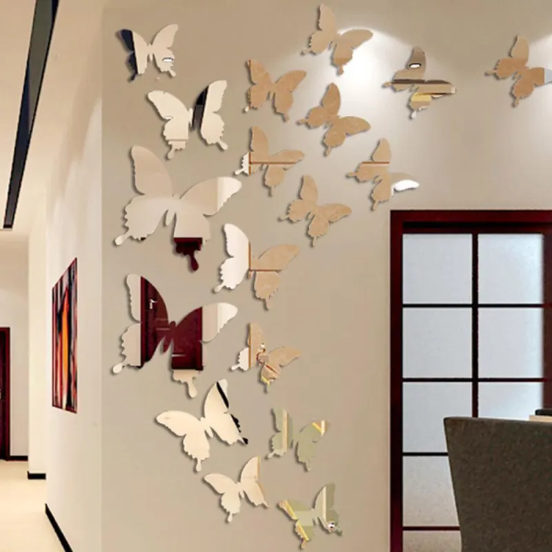 12Pcs lot 3D Butterfly Mirror Wall Sticker Decal Wall Art Removable Wedding Decoration Kids Room Decoration Sticker