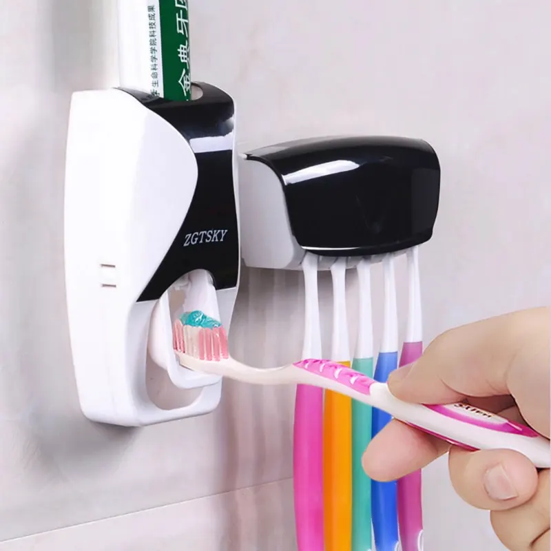 Automatic Toothpaste Dispenser Wall Mount Dust proof Toothbrush Holder Wall Mount Storage Rack Bathroom Accessories Set Squeezer