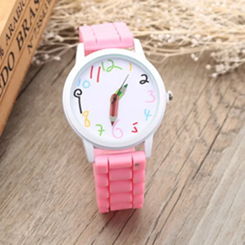 Geneva Pencil Pointer Silicone Pink Girl Watch Simple Casual Cute Fresh Student Quartz Kids Wristwatches Clock Gift Zegare часыk