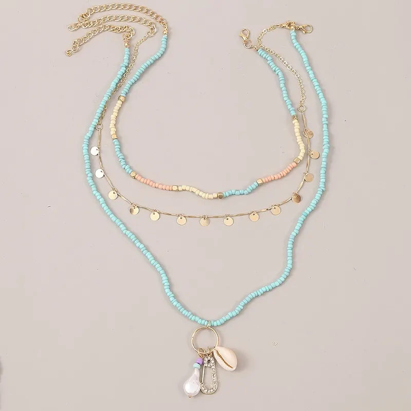 3 Pcs Set Beach Style Fashion Blue Glass Beaded Long Necklaces For Women Bohemian Shell Pearl Pin Pendant Gold Chain Necklace