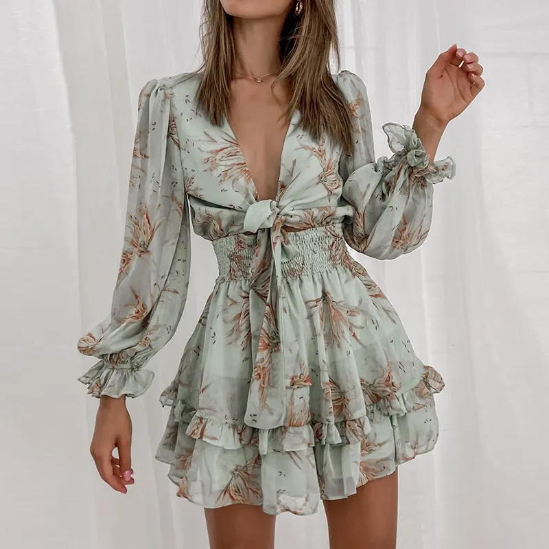 Women Spring V Neck Chiffon Print Dress Self-tie Knot Front Ruffles Leopard Dress Female Sexy Short A Line Party Vestidos 2021