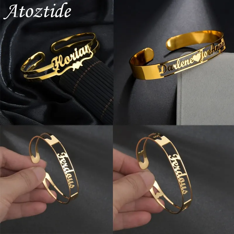 Atoztide Customized Letter Name Bracelet Personalized Custom Bangles Women Men Rose Gold Stainless Steel Chrismas Jewelry Gift