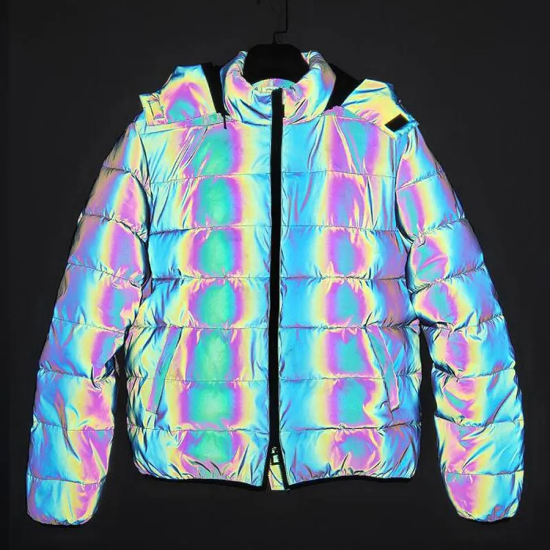 Men Autumn Winter Reflective Jacket Hip Hop Fashion Puffer Jacket Thicken Warm Cotton Padded Coat Men Hooded Parkas De Hombre