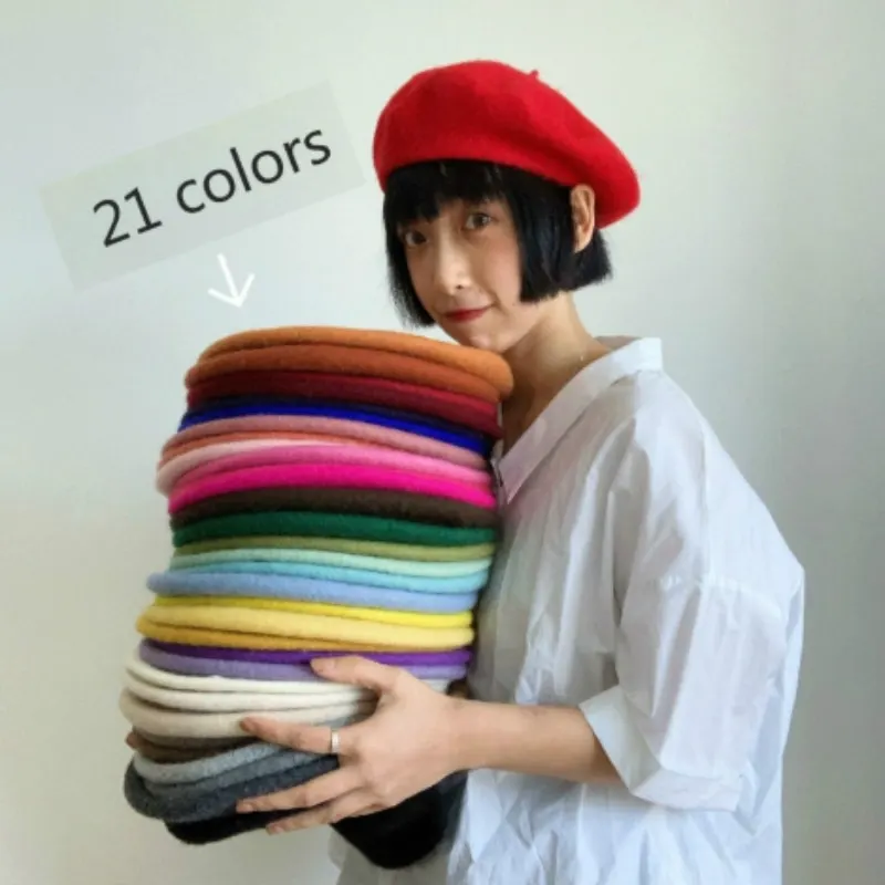 Girl Solid Color Beret French Artist Warm Wool Winter Beanie Hat Retro Vintage Plain Beret Solid Color Elegant Ladies Winter Hat