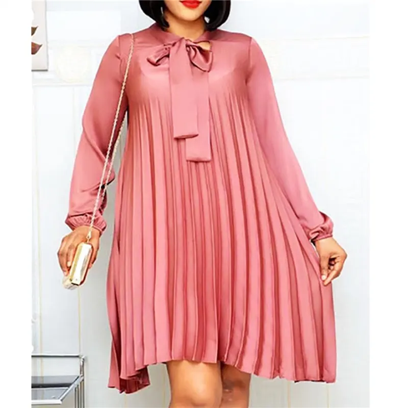 Plus Size Pleated Dresses with Bowtie Long Lantern Sleeves Knee Length Women Fashion Summer Autumn Female African Vestidos New