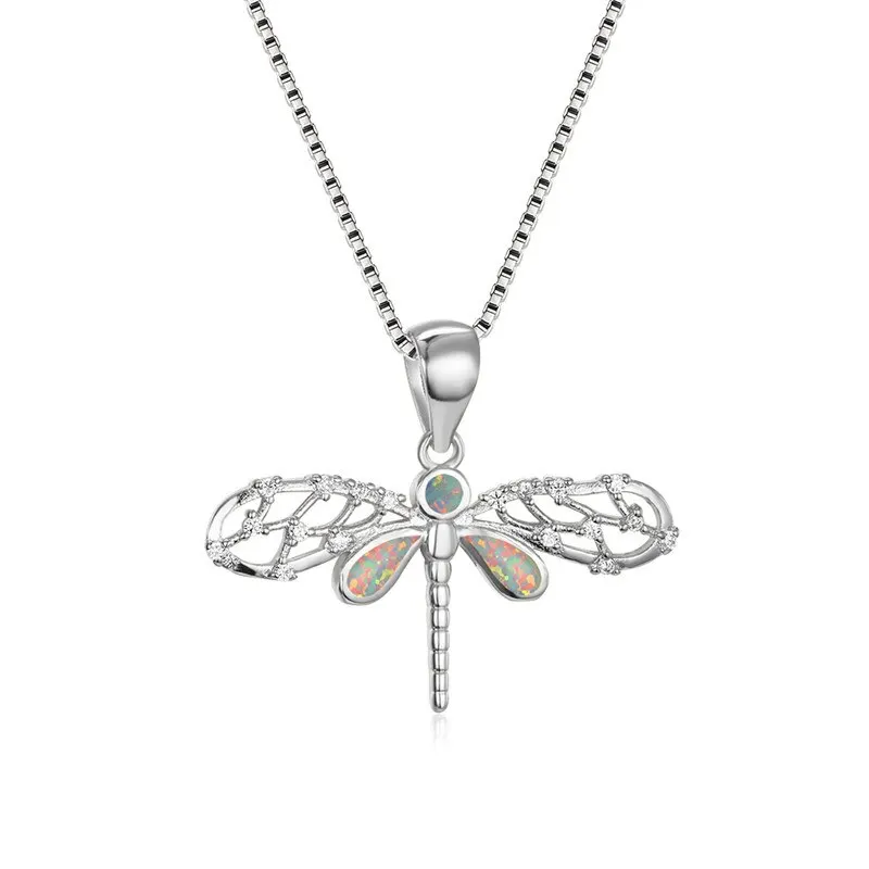 Cute Female Blue White Opal Pendant Necklace Gold Silver Color Necklaces For Women Vintage Animal Dragonfly Wedding Necklace