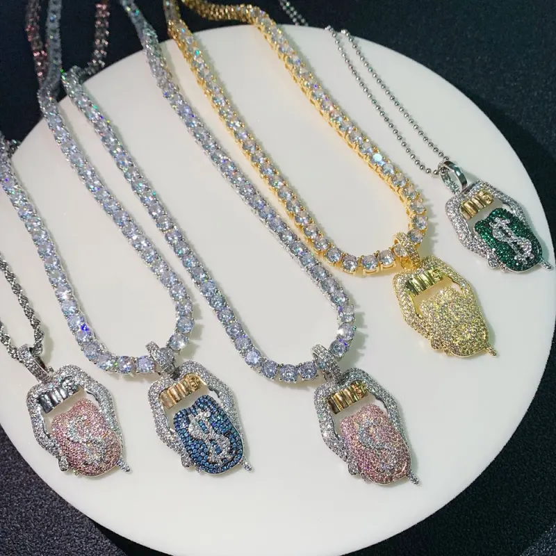 Iced Out Bling 5A CZ Sexy Mouth Pendant Necklace Dollar Symbol Micro Pave Dripping Lips Silver Color Tennis Hip Hop Women