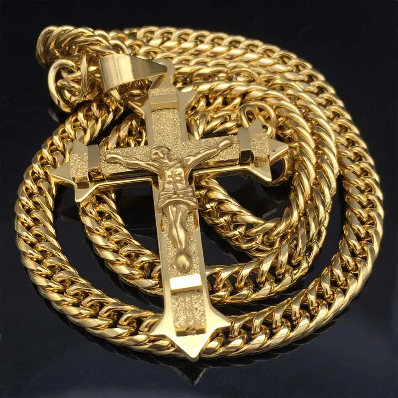 Gold tone Cross Christ Jesus Pendant Necklace Stainless Steel Link rolo Chain Heavy Men Jewelry Gift 21 65 7mm