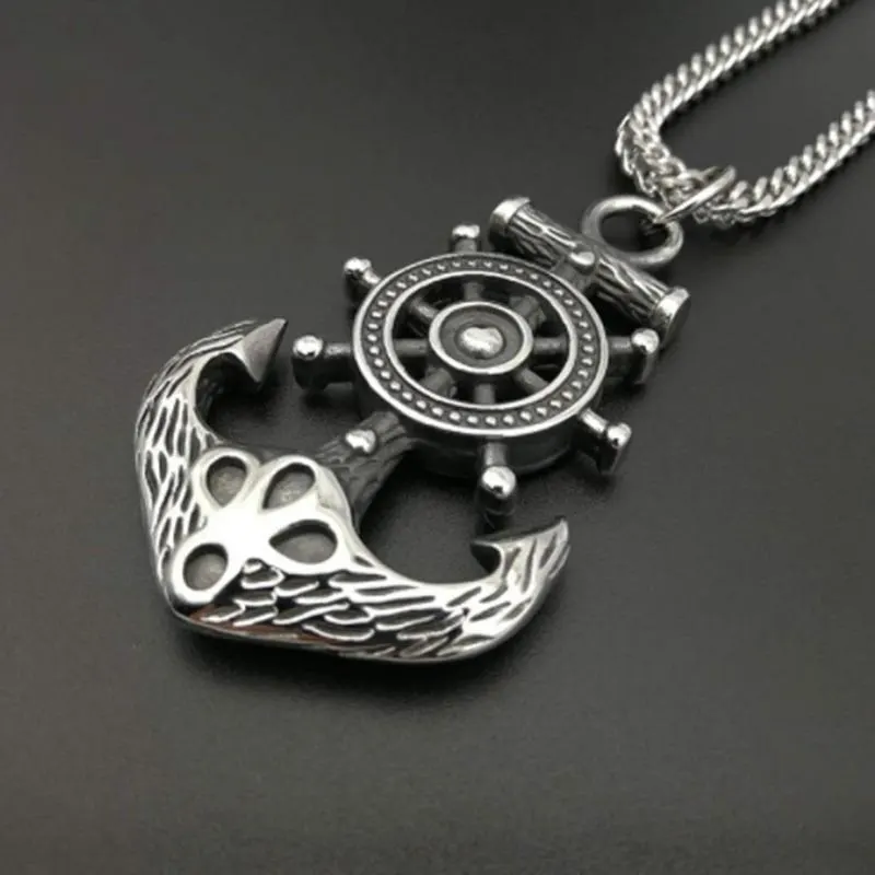 Hip Hop Punk Ship Captain Wheel Rudder with Anchor Nautical Charm Pendant Necklace for Men Fashion Jewelry
