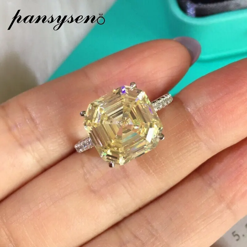 PSANSYSEN Solid 925 Silver Asscher Cut Citrine Simulated Moissanite Gemstone Proposal Engagement Ring Wedding Band Fine Jewelry