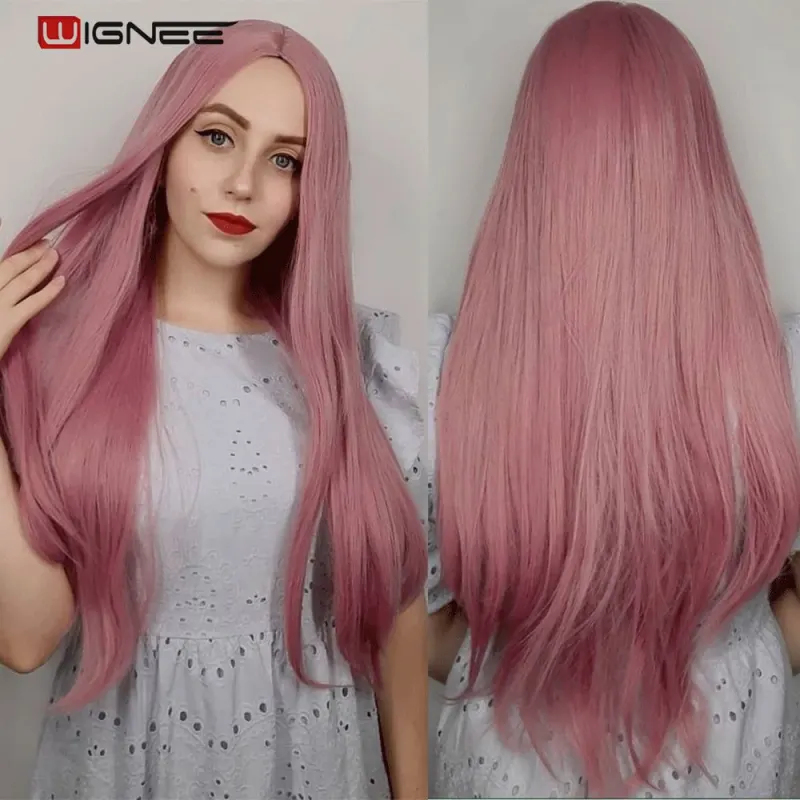 Wignee Pink Long Straight Hair Synthetic Wig For Women Cosplay Wig Pink Middle PartDaily/Party Heat Resistant Glueless Hair Wigs