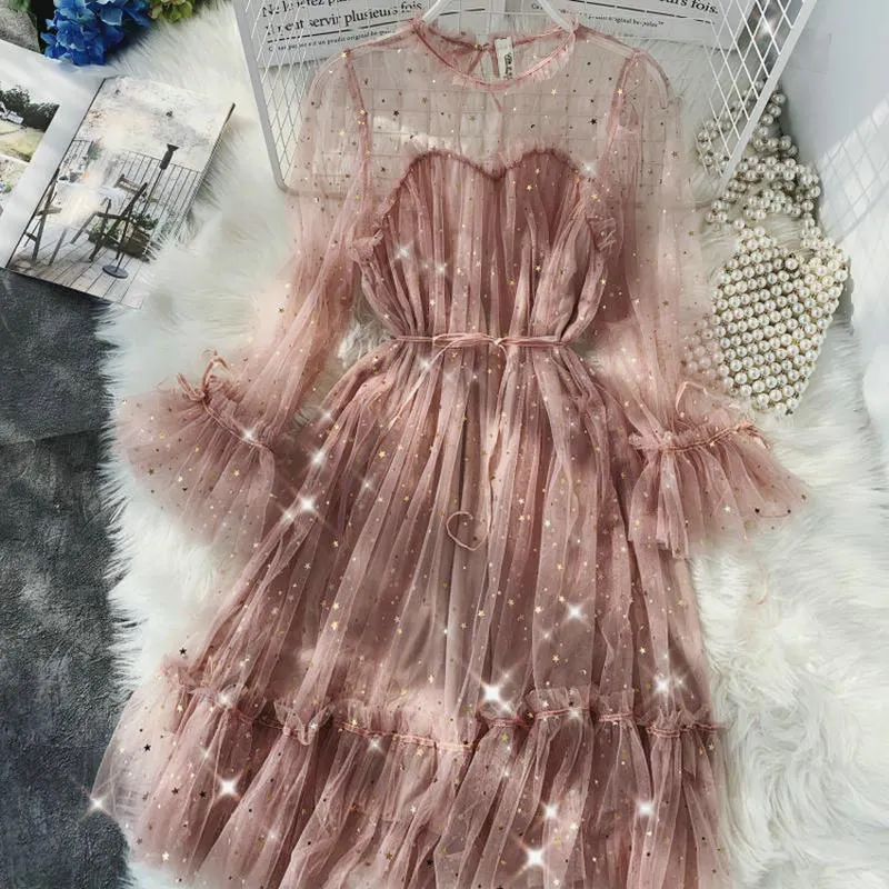 2021 New Female O neck Stars Sequined Mesh Shiny Fairy Dress Women Elegant Bling Gauze Princess Puff Dresses Vestidos De Fiesta
