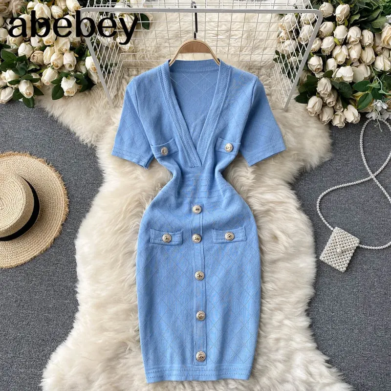 Women Knitted Pencil Dress V Neck Short Sleeve Elastic Slim Sheath Dresses Summer Korean Chic Streetwear Short Dress
