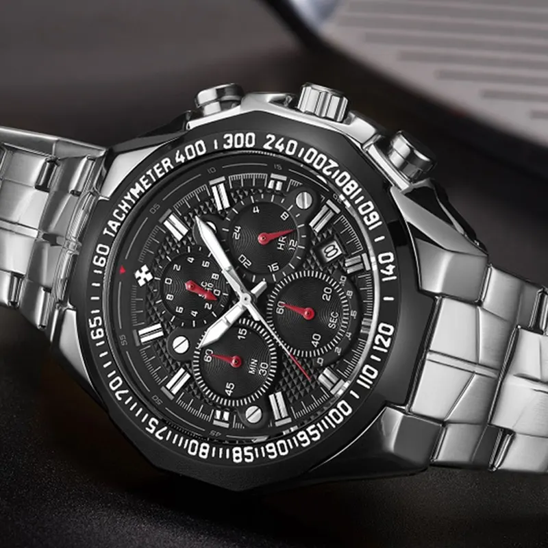 WWOOR Watches Men Top Brand Luxury Black Sports Chronograph Clock Fashion Military Big Quartz Full Steel Wristwatch Reloj Hombre
