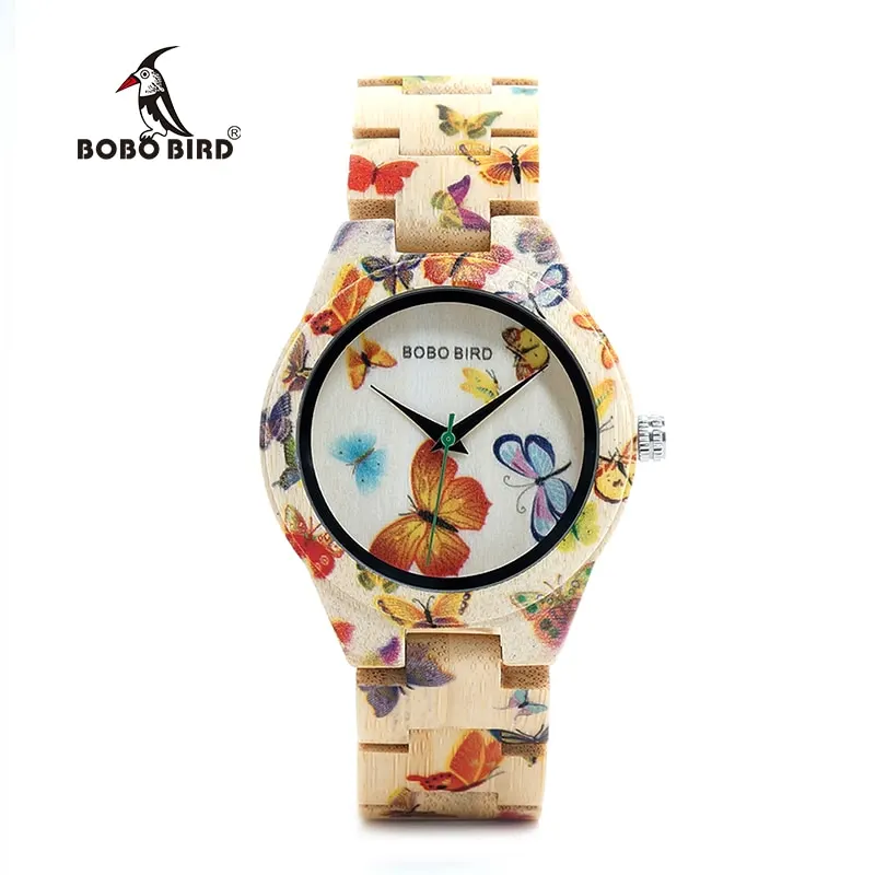 BOBO BIRD Butterflies Women Watches with Original Bamboo Wooden Case Watch Ladies Quartz Drop Shipping OEM L O20