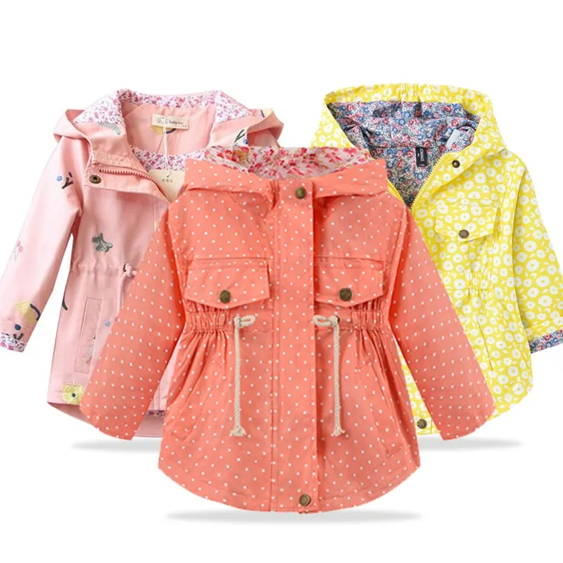 Spring Autumn Girls Casual Jackets Hooded Outerwear Fashion Printing Flower Windbreaker Children Clothing 2 4 6 Years Girls Coat