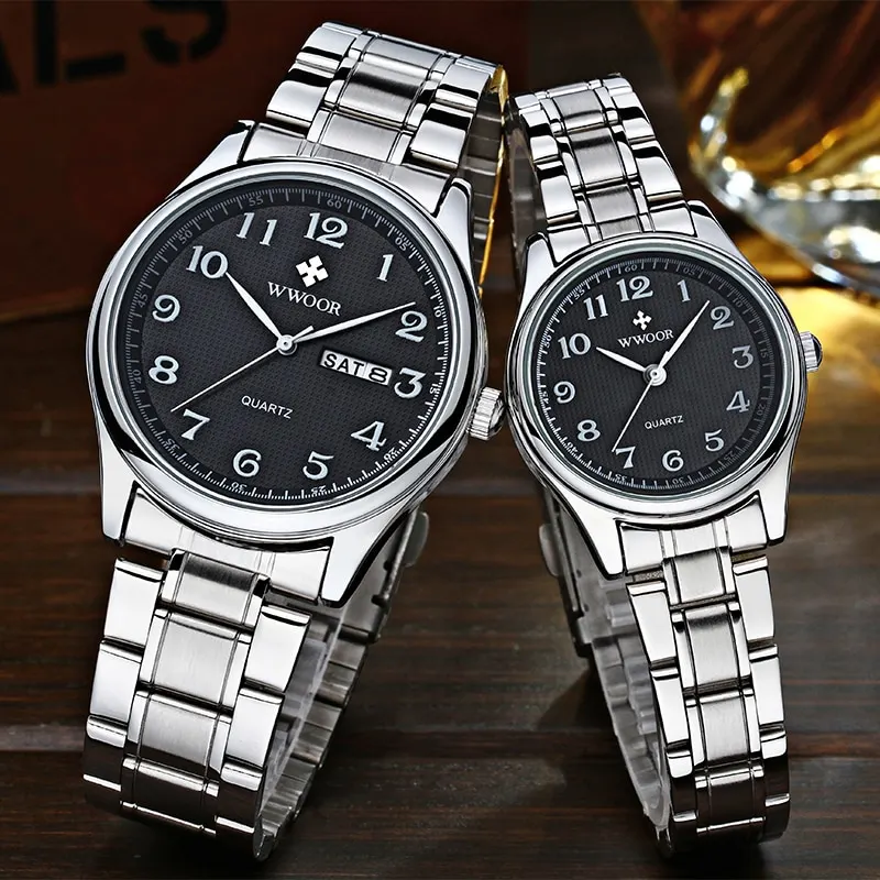 2020 Fashion Couple Watch WWOOR Brand Full Steel Quartz Paired Bracelet Watches For Men And Women Date Lovers Watch Couple Gifts