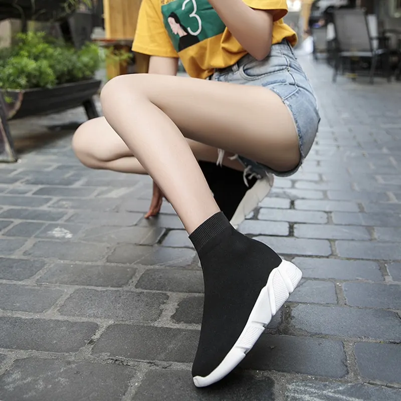 Brand Unisex Socks Shoes Breathable High-top Women Shoes Flats Fashion Sneakers Stretch Fabric Casual Slip-On Ladies Shoes
