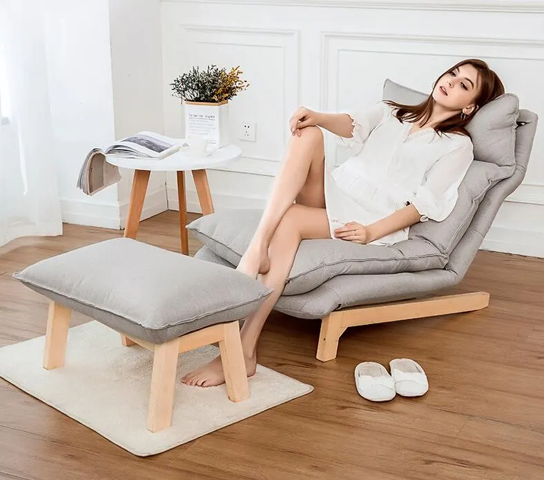 Modern Chaise Lounge Chair and Ottoman Set With Wooden Legs Living Room Furniture Fabric Upholstery Recliner Chair and Footstool