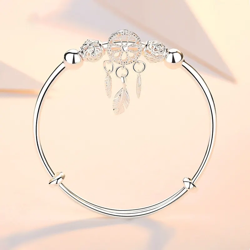 Adjustable 925 Sterling Silver Dream catcher Tassel Feather Round Bead Charm Bracelet &Bangle For Women Elegant Jewelry sl209