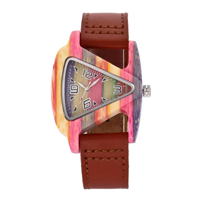 Women Wooden Wrist Watch Black Ladies Quartz Watches Female Bamboo Leather Wristwatch Fashion Triangle Wood Clock Dropshipping