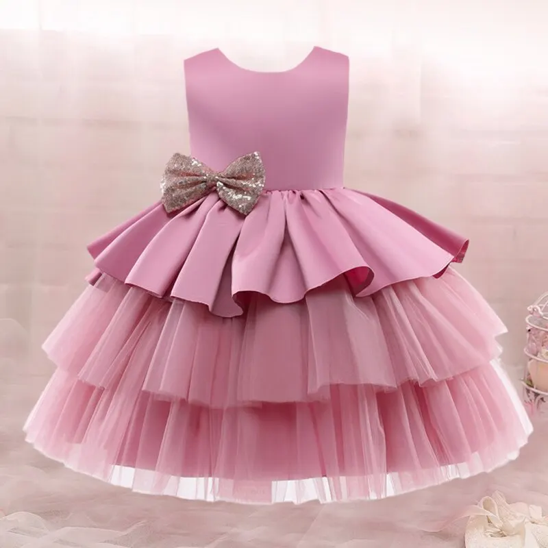 Baby Girls 1st Birthday Dress Kids Lace Mesh Sequin 2 3 4 Year Baptism Princess Costume Children Wedding Party Eleagnt Ball Gown