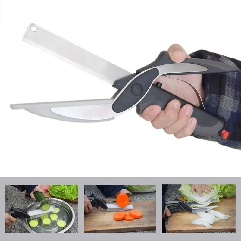 Kitchen Food Scissor 2 in 1 Utility Scissors Knife&Board Smart Chef Stainless Steel Ourdoor Meat Potato Cheese Vegetable Kitchen