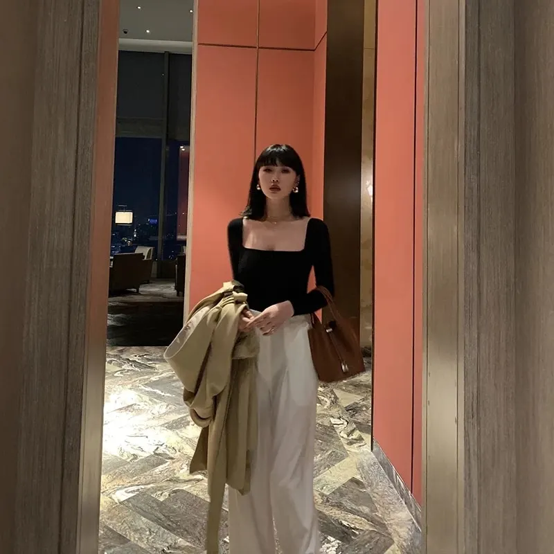 Black Office Lady Elegant Scoop Neck Long Sleeve Solid Mercerized Cotton Pullovers Tee 2021 Casual Women Y2K T Shirt B 076