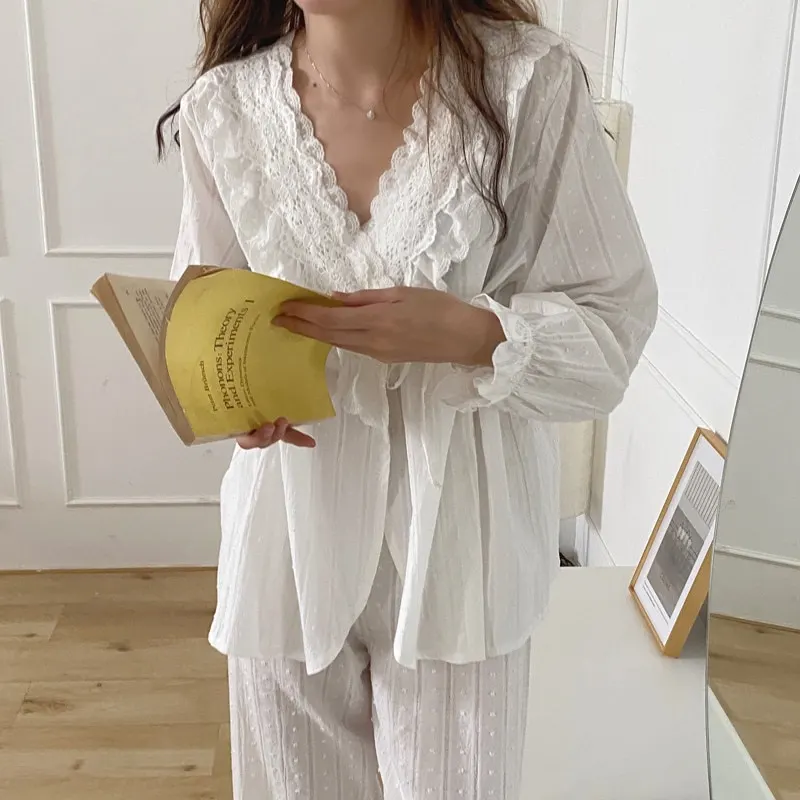 Alien Kitty Korean Autumn Lace Elegant Pure Color Cotton 2021 Pajamas Women Cotton Sweet Palace Style Pajamas Set Home Clothes