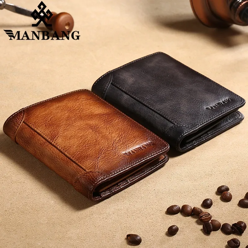 ManBang 2021 HOT Genuine Leather Men Wallet Small Mini Card Holder Male Wallet Pocket Retro purse High Quality